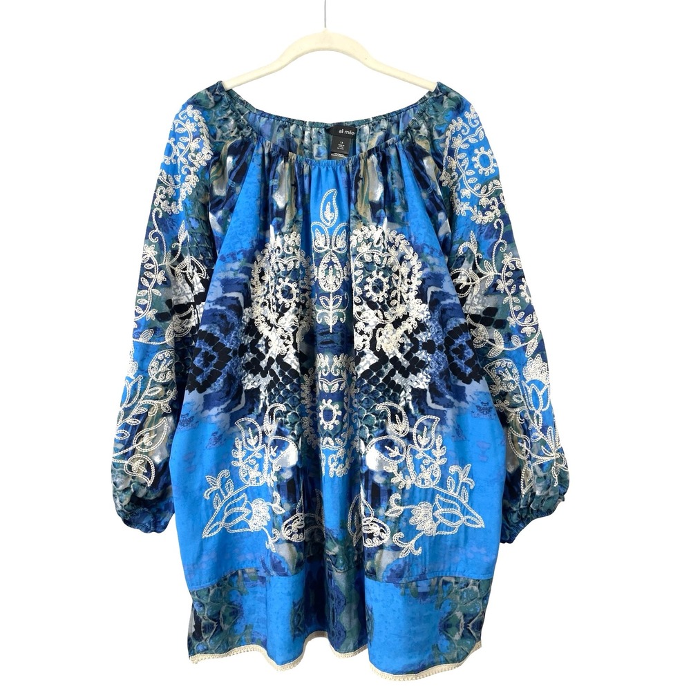 Ali‎ Miles printed embroidered blouse top Size 1X artsy boho abstract cute